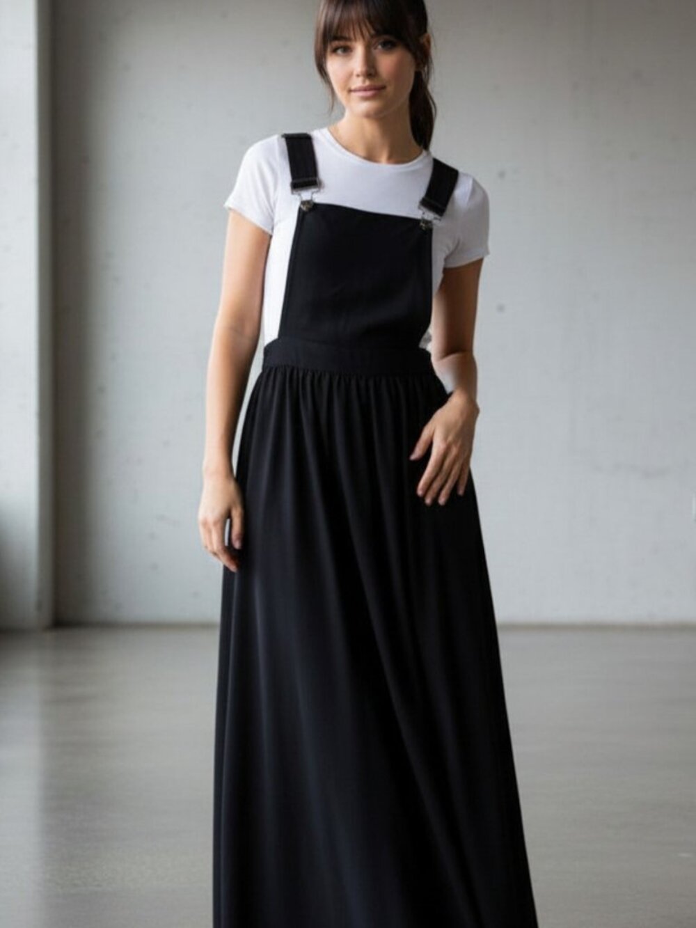 Anthropologie Sans Souci Overall Maxi Dress Apron Bib Pinafore Black Chiffon MED - Picture 3 of 9